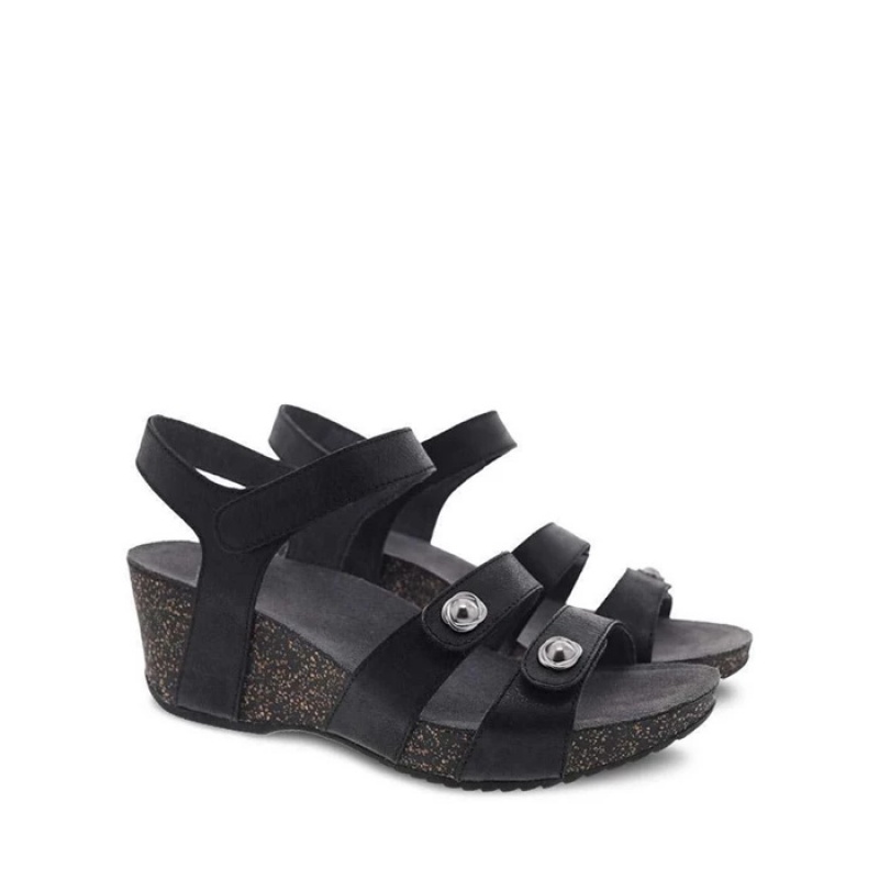 Black Dansko Hook And Loop Santiago Leather Women's Sandals | KVZSOG-842